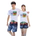 Cặp đôi phù hợp với kỳ nghỉ hè tuần trăng mật bên bờ biển kỳ nghỉ đi biển cotton in áo thun ngắn tay nam và nữ quần short nhanh khô Quần bãi biển