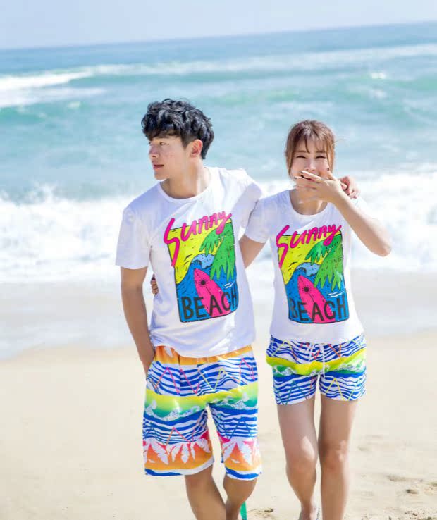 Váy hè 2018 cho những người yêu thích kỳ nghỉ tuần trăng mật set đồ cotton in hoa nam nữ ngắn tay áo thun quần nhanh đi biển - Quần bãi biển 	quần gió đi biển
