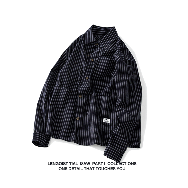 Day Ensemble Retro Tooling Black Stripe Casual Spring Autumn Male And Female Loose Tide Long Sleeve Turnover Shirt