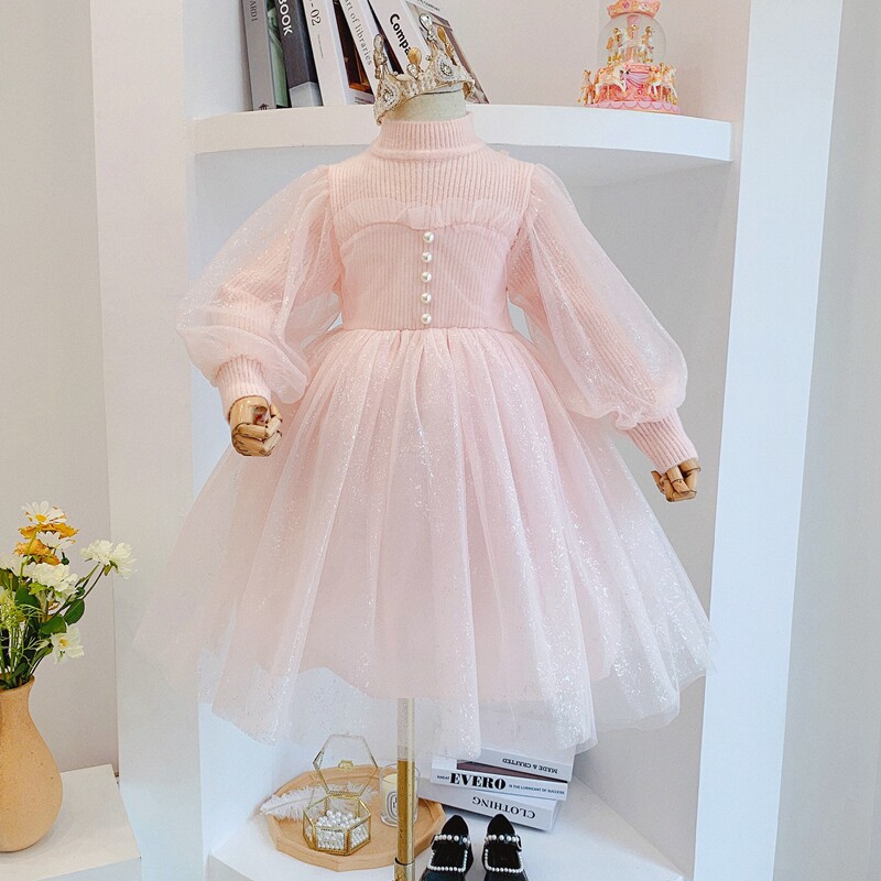 Fall and Winter New Girl Han Edition Web Lantern Sleeve Specify Princess Dress Children's Ocean Knitted and Velvet Dress