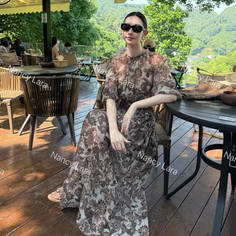 Nancy Lara Cocoa Ball Layered Delicate Vintage Light Luxury Caramel Color Cupro Silk Three-Dimensional Dress