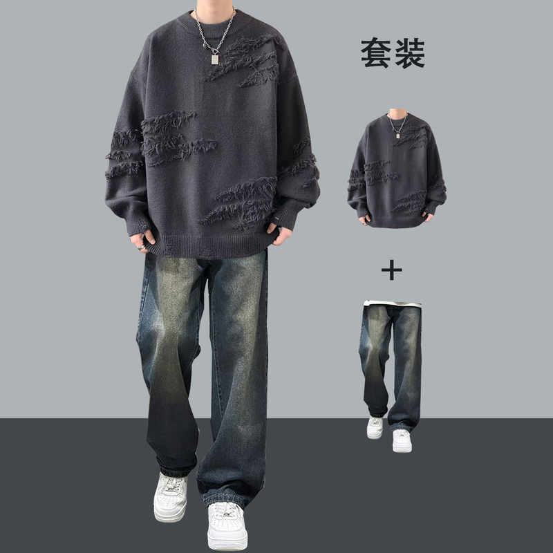Japanese-Style Casual Ripped Knit Sweater Men's Autumn and Winter Sweater Set Trendy Matching Straight-Leg Jeans Two-Piece Set Japanese-Style Casual Ripped Knit Sweater Men's Autumn and Winter Sweater Set Trendy Matching Straight-Leg Jeans Two-Piece Set