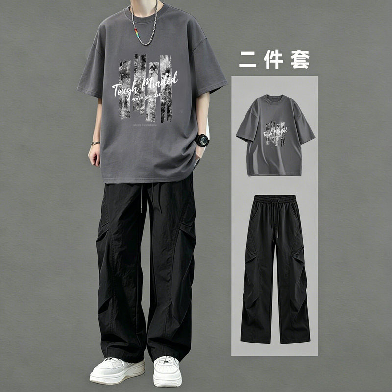 Summer Short-Sleeved T-Shirt Casual Sports Suit for Men, Trendy Brand, Cool and Handsome, Suitable for Middle and High School Students, Everyday Wear, Height-Enhancing Two-Piece Set