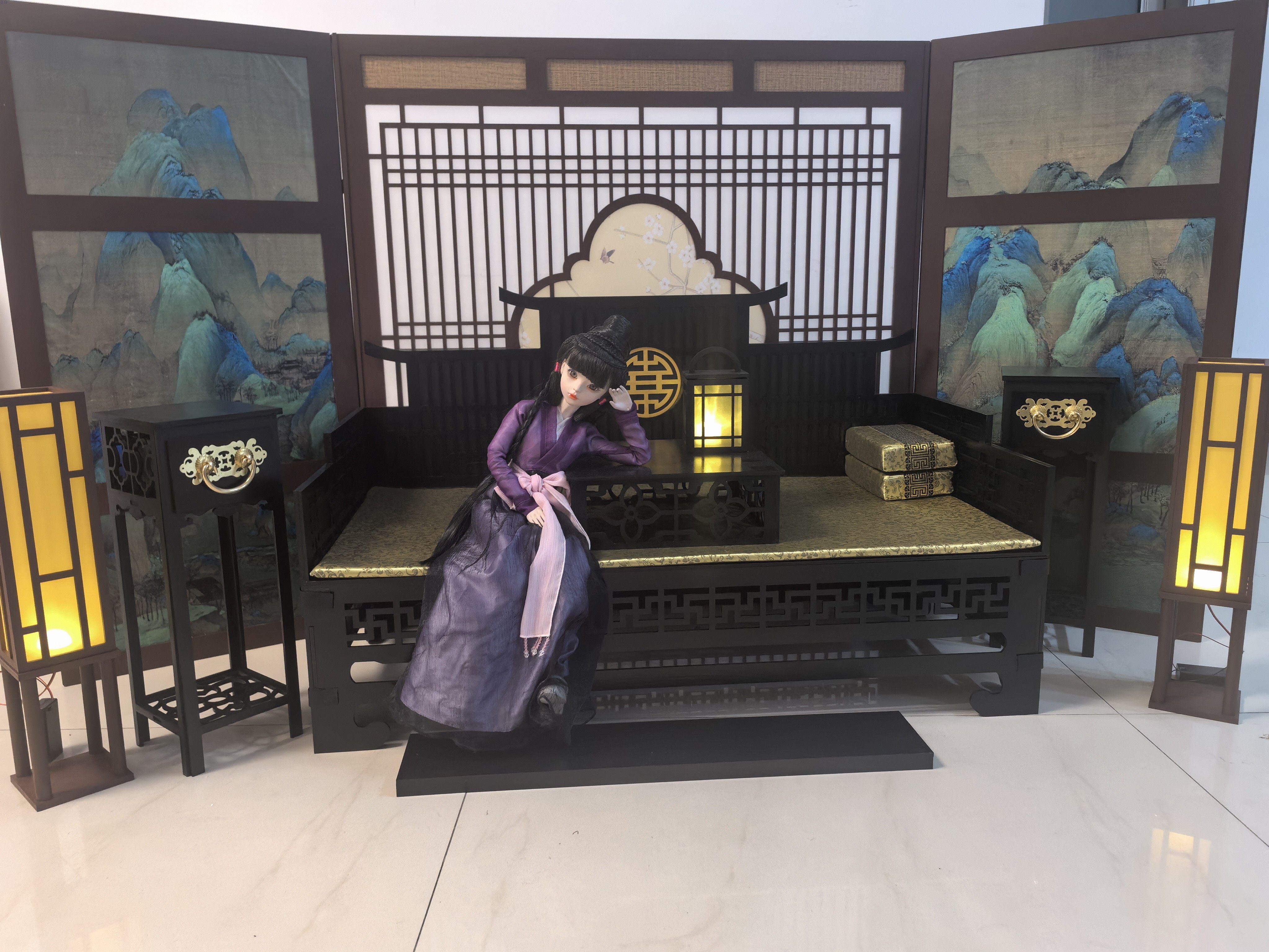 bjd场景道具娃屋 三分四分娃大叔古风床 bjd罗汉床 叔体床榻 4分bjd娃用古风家具