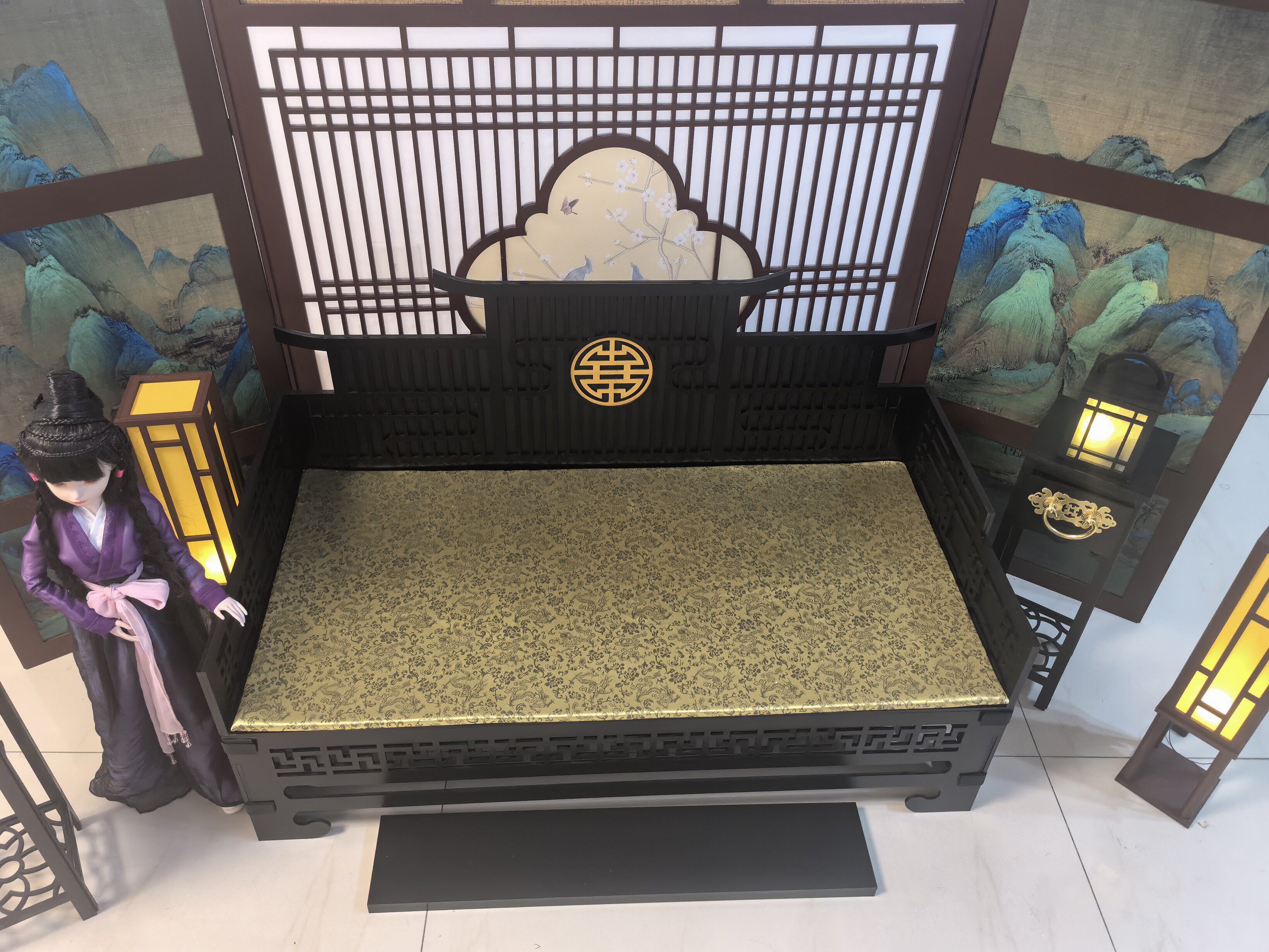 bjd场景道具娃屋 三分四分娃大叔古风床 bjd罗汉床 叔体床榻 4分bjd娃用古风家具