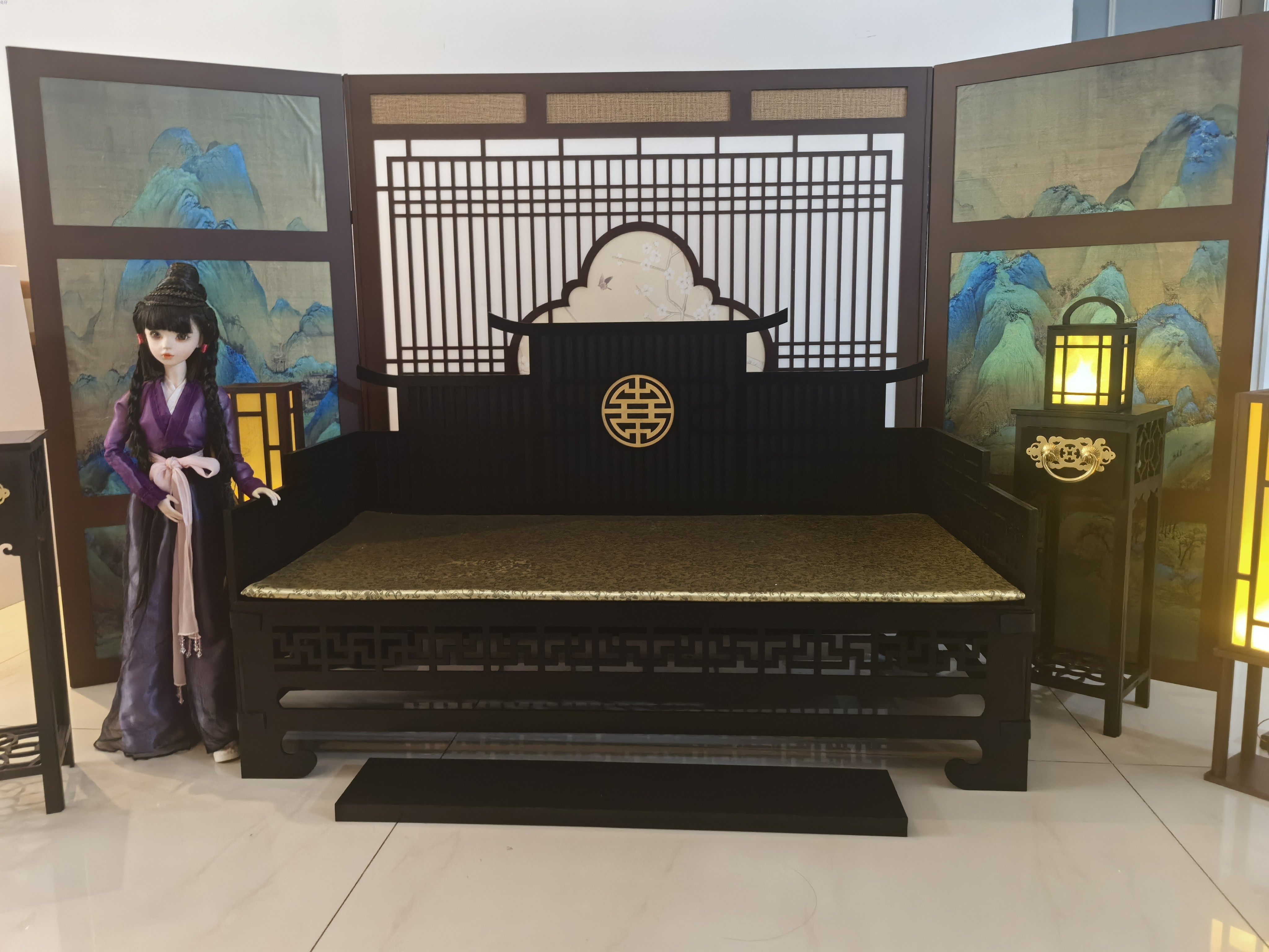 bjd场景道具娃屋 三分四分娃大叔古风床 bjd罗汉床 叔体床榻 4分bjd娃用古风家具