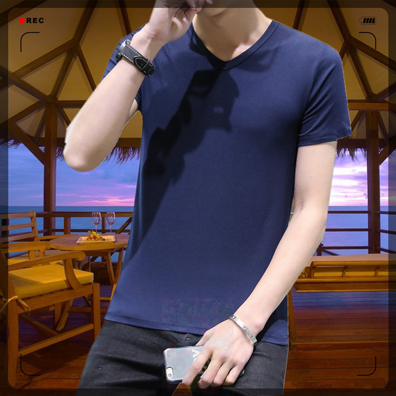 Áo thun cotton mỏng nam tay ngắn màu trắng tinh khiết v-cổ mỏng tay áo sơ mi đáy quần áo trẻ trung áo oversize nam
