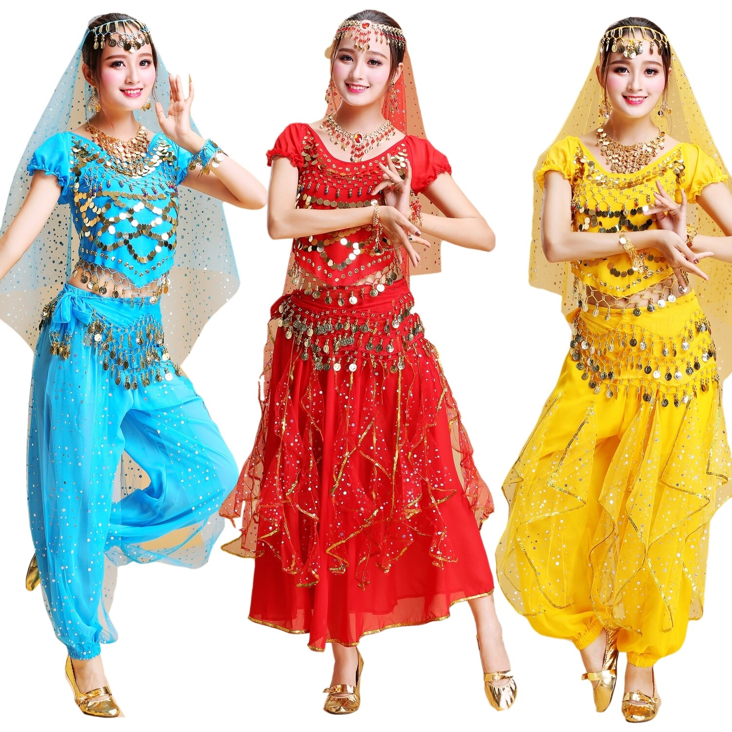 Indian dance Costume Suit Pants Women Dress Adults Upscale Colorful Dot Belly Leather Dance Costumes Autumn Winter Dance Table Short Sleeves Skirt-Taobao