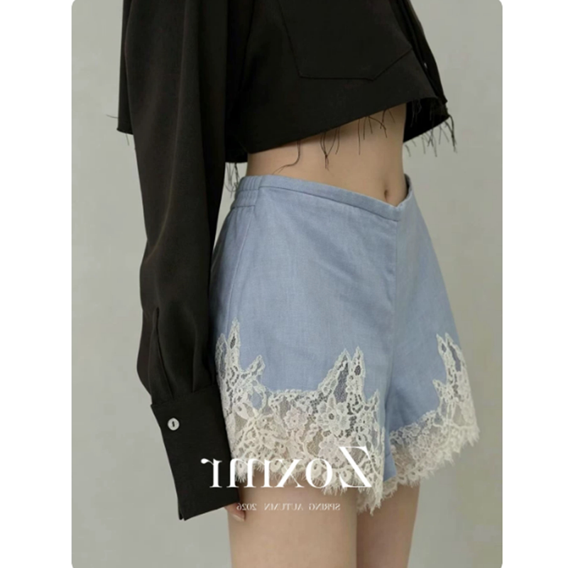 2026 High-Fashion Thin Pants, Super Cute for Summer, Versatile Lace Splicing Blue Shorts for Petite Women