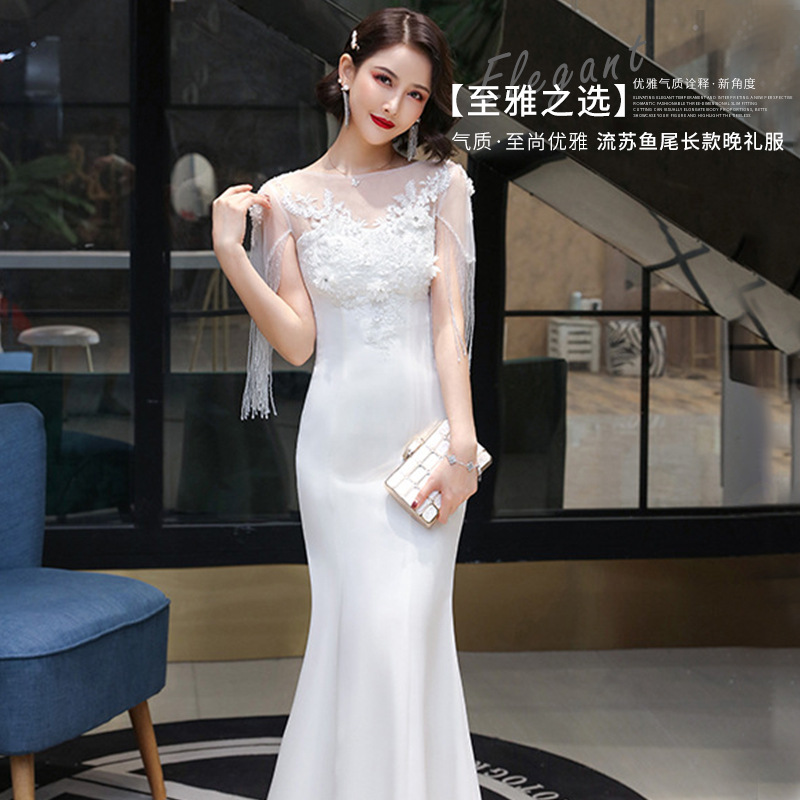 White Evening Dress for Women 2025 New Style Socialite Elegant Long Host Annual Meeting Slimming Fishtail Runway Dress