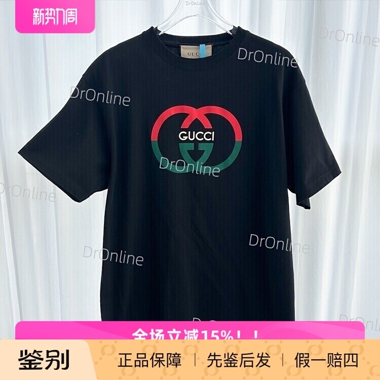 [Domestic] Gucci Red and Green Double g Letter Logo Pattern Round Neck Black Short-Sleeved T-Shirt