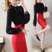 Early spring elegant Temperament Nail Pearl Black Red Splicing and Hip Dress and Hip Dress children with a long career temperament to be slim