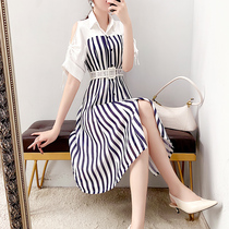 Large Pendulum Snowspun Skirt Childrens Shirt One-piece Dress Lady Summer 2022 New Cashew slim temperament Striped Dress Medium Long