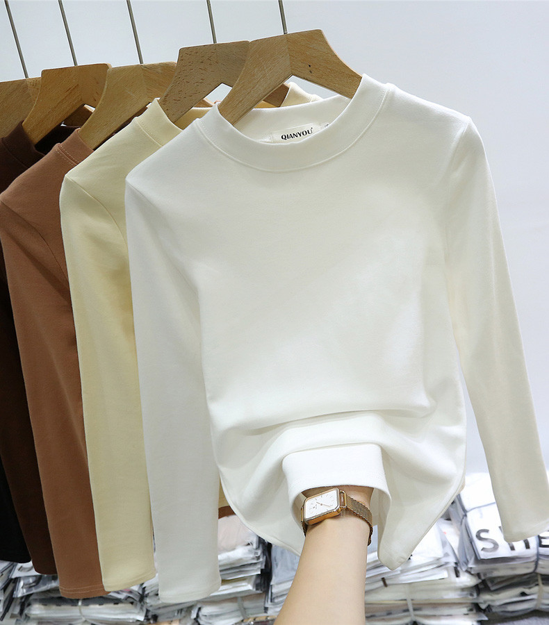 White beating undershirt 2023 new female autumn winter long sleeve t-shirt plus suede thickened inner lap collar pure cotton upright collar blouses-Taobao