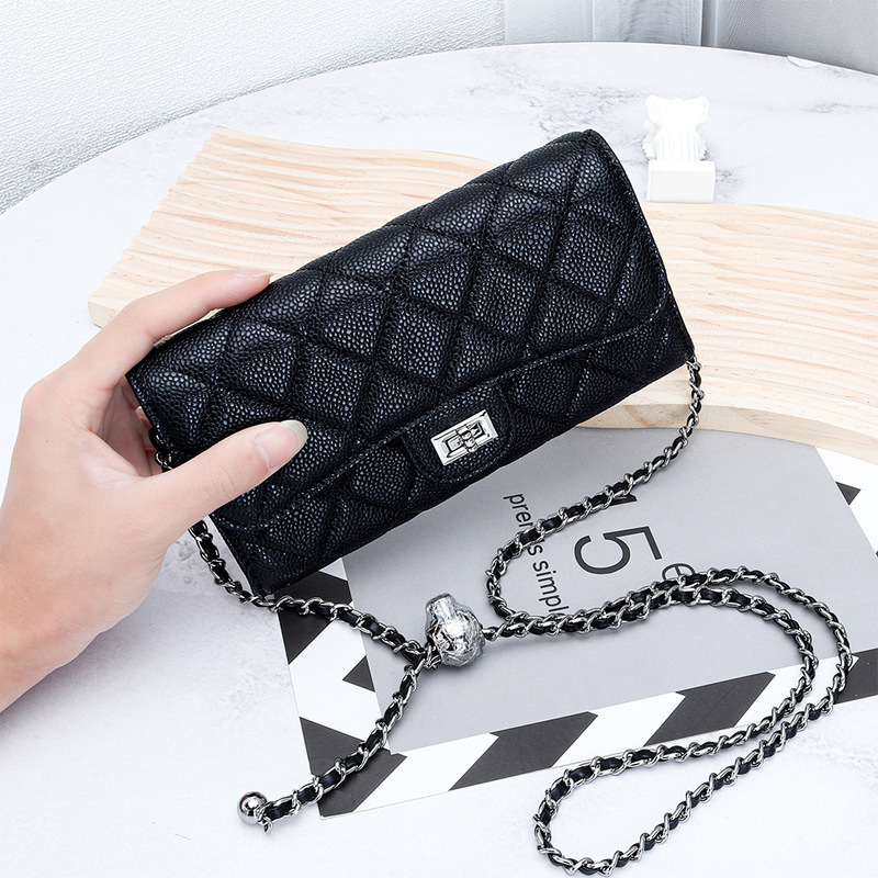 Cowhide Caviar Pattern Chain Crossbody Small Bag for Women, New Fashion Multifunctional Hand-Held Genuine Leather Wallet