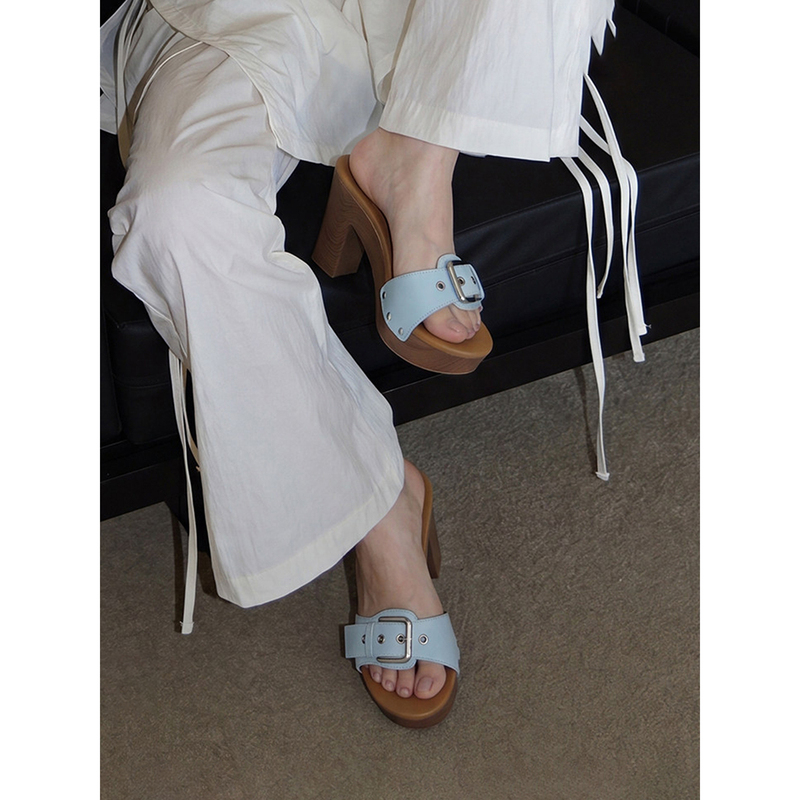 Blue Waterproof Platform High-Heeled Slippers for Women, Vintage Shoes with Retro Buckle, Height-Increasing Sandals, Open-Toe Chunky Heel Mules Blue Waterproof Platform High-Heeled Slippers for Women, Vintage Shoes with Retro Buckle, Height-Increasing Sandals, Open-Toe Chunky Heel Mules