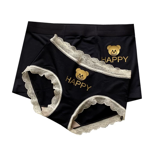 Нижнее белье для влюбленных, милые комфортные дышащие сексуальные черные штаны, с медвежатами, средняя посадка