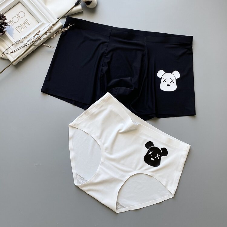 Ice silk couple underwear personality black and white bear print cute mid-waist non-trace thin sexy couple underwear