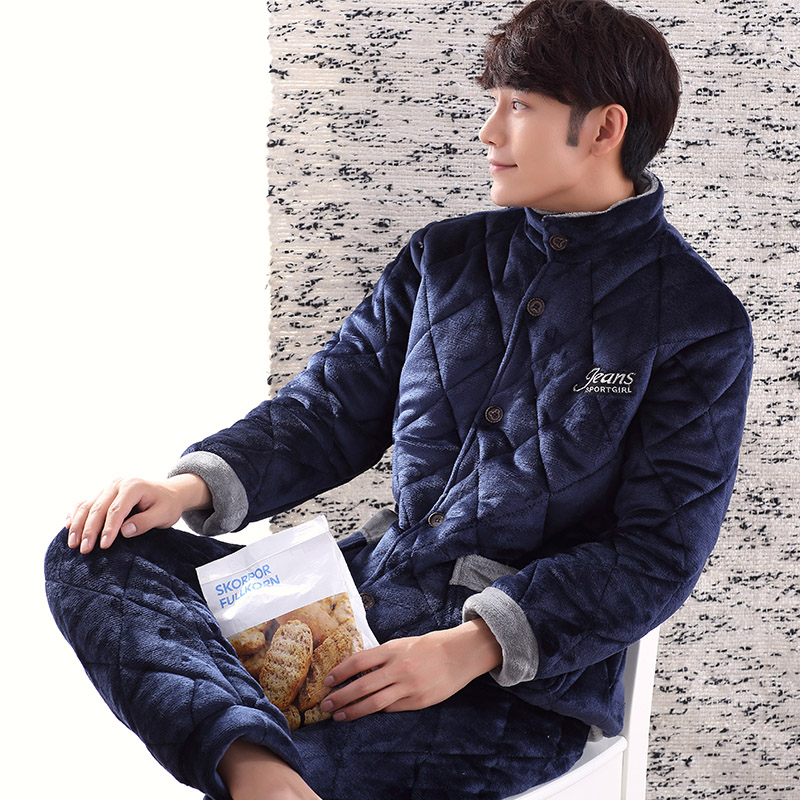 Autumn Winter Pyjamas men's winter thickened Coral Flannel Triple Clip cotton masculiny padded jacket Jacket Suits-Taobao
