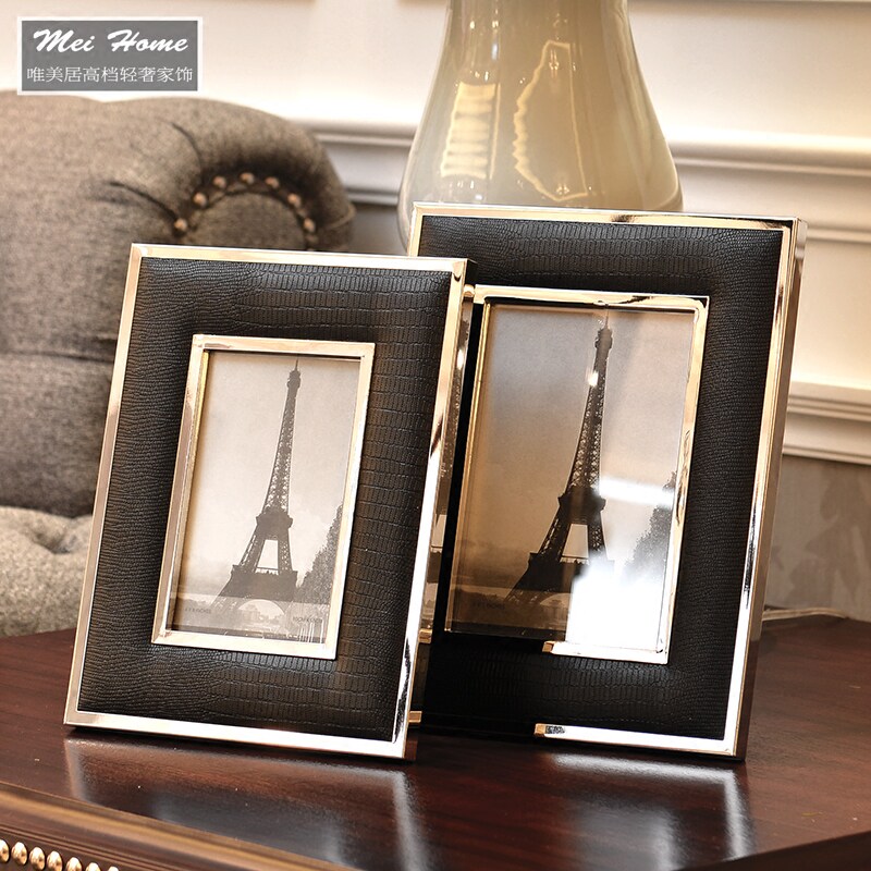 Black and white leather photo frame modern Jane European decorative photo frame model room crocodile leather photo frame metal photo frame table