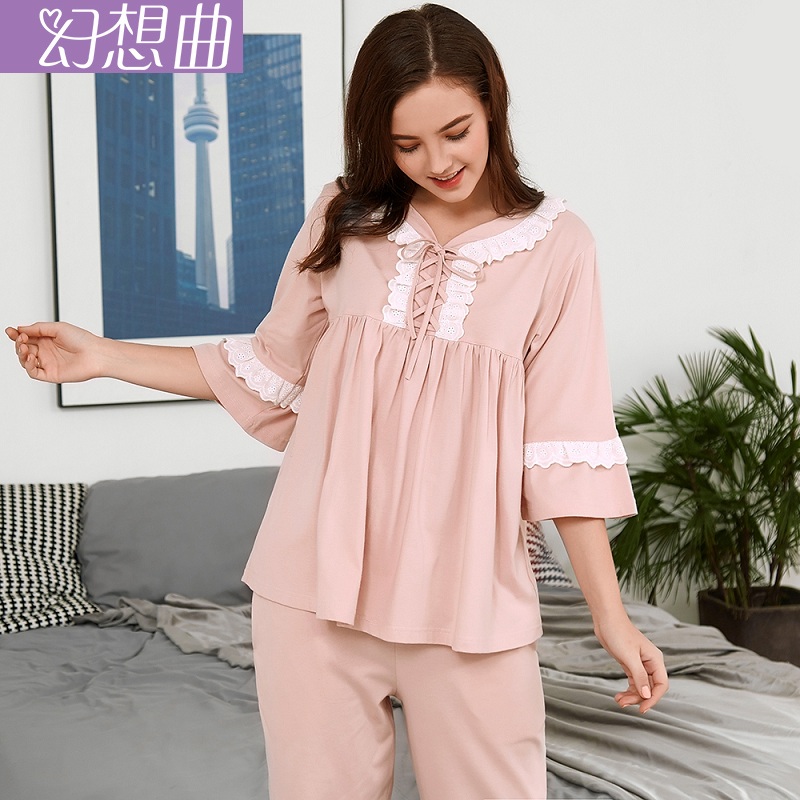 睡衣女春秋纯棉套装七分袖长裤妈妈大码宽松薄款可外穿夏季家居服