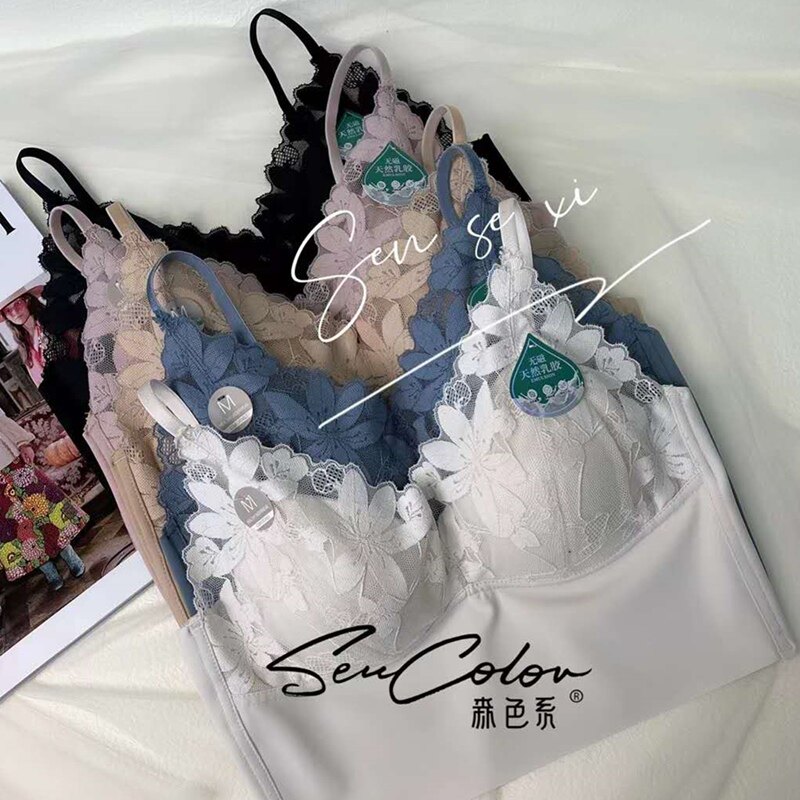 Dime Rey 21218 lace splicing harness with beautiful back bra integrated thin bra to coalage anti-slip-breasted underwear