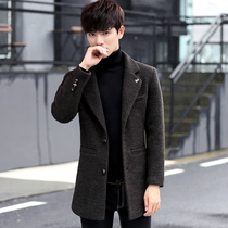 Spring and autumn windbreaker mens woolen coat mid-length jacket thickened Korean version of the student slim handsome mens clothing