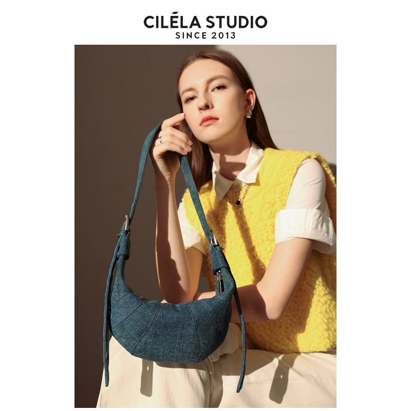 【Xilena】Vintage Denim Croissant Bag, Shoulder Crossbody Bag, Moon Bag, Canvas Small Bag for Women