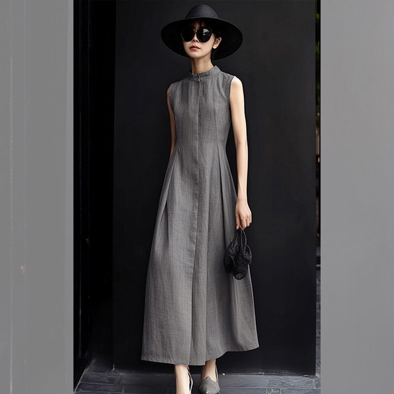 Elegant Goddess Style, Mature and Sophisticated Gray Sleeveless Stand-Up Collar Dress, Socialite Temperament, Mature Lady Minimalist Style Tank Top Long Dress