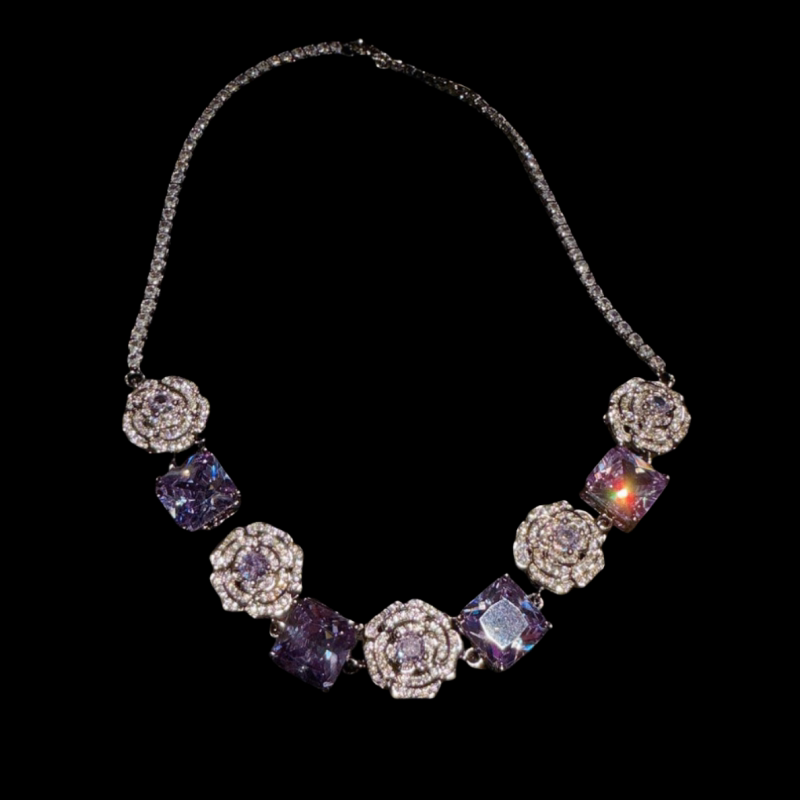 Jewelry Greek Iris Purple Rose Gemstone Necklace Vintage Camellia Cubic Zirconia Bracelet Set