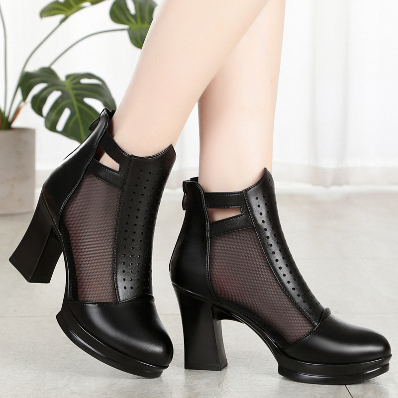 Summer 2026 New Women's Shoes Genuine Leather Mesh Short Boots Women's Chunky Heel Thick Sole Hollow Breathable Martin Boots High Heel Sandals