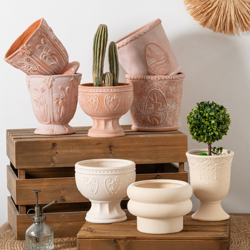 European-Style Embossed Ceramic Flowerpot with Creative Design, Large Diameter, with Tray, for Green Plants, Vintage-Style Faux Antique Clay