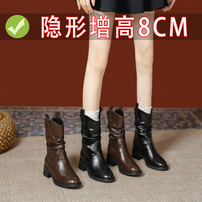 Genuine Leather Retro Height-Increasing 8cm Pleated Stacked Boots for Women 2026 New Style Chunky Heel Slimming V-Cut Martin Boots Riding Boots Genuine Leather Retro Height-Increasing 8cm Pleated Stacked Boots for Women 2026 New Style Chunky Heel Slimming V-Cut Martin Boots Riding Boots