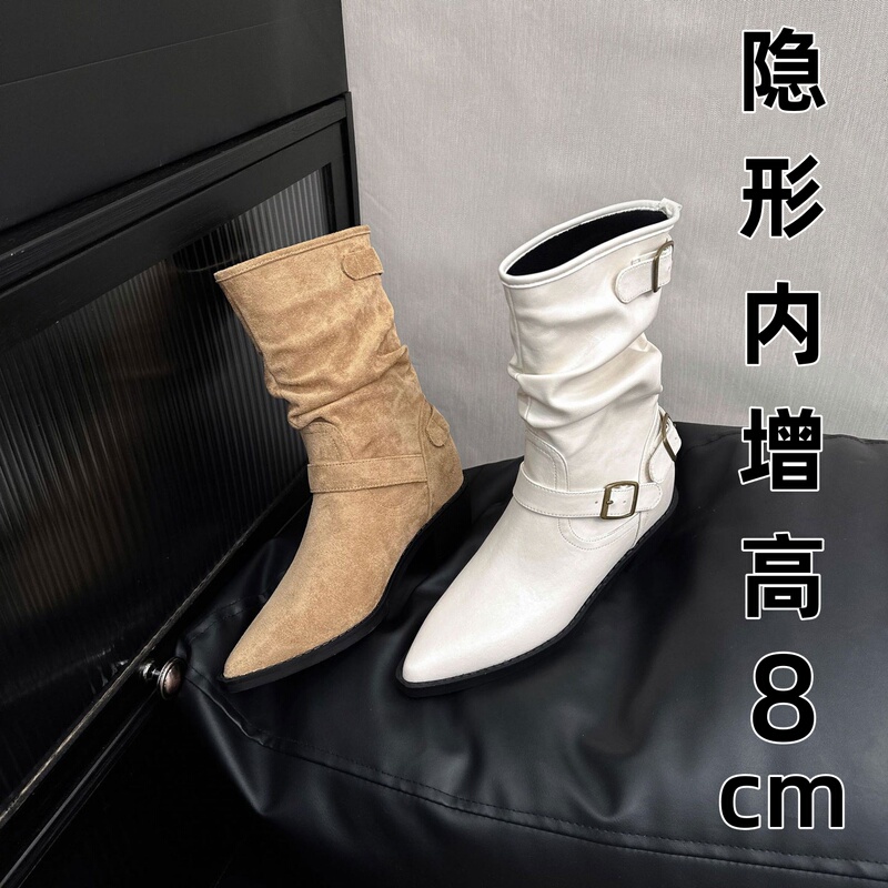 Sheepskin Version ~ 8cm Height Increase, Pointed Toe, Chunky Heel, White Short Boots for Women, Belt Buckle Martin Boots, Mid-Calf Pleated Stacked Boots