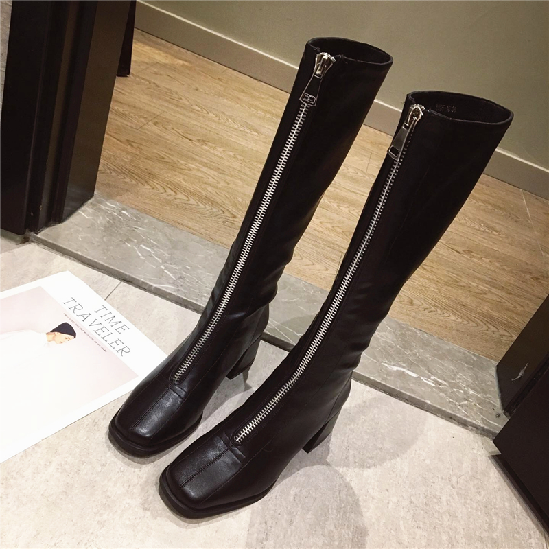 Boots women's 2020 new front zipper riding boots square head boots but knee high boots children's autumn and winter velvet