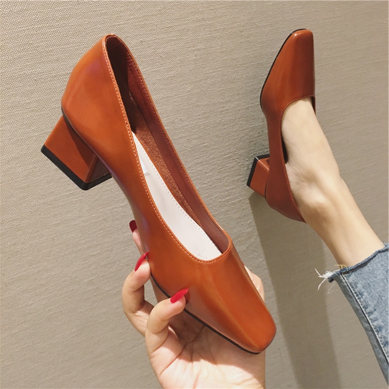 European and American wind minimalist about 100 hitch commuter women's single shoe fashion coarse heel and square head grandma shoes everyday working shoes leather shoes