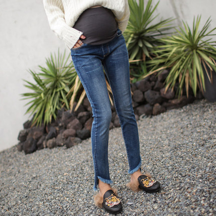 优密儿孕妇装秋装新款孕妇牛仔裤小脚不规则猫