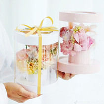Round packing box floral holding bucket window box gift box transparent gift box black flower arrangement with hand gift box
