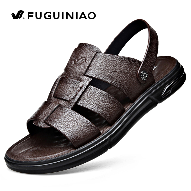 Fuguiniao Men's Sandals, New Summer Model, Genuine Leather, Soft Sole, Non-Slip, Beach Casual Leather Slippers, Dual-Use, Outdoor Men's Shoes