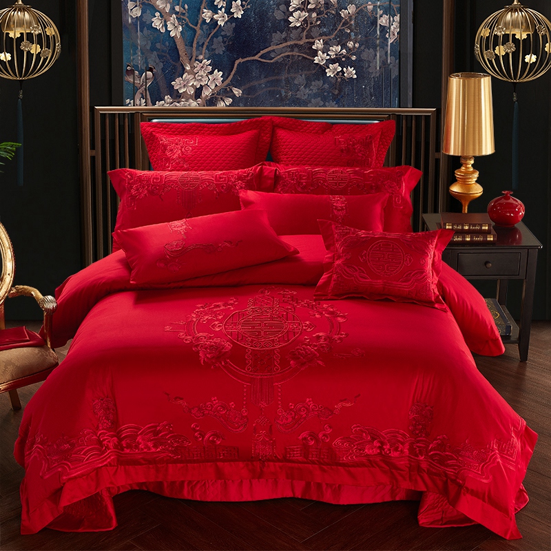 Wedding 4-piece set big red happy word solid color cotton three-dimensional embroidery new house wedding quilt full set of sixty pieces