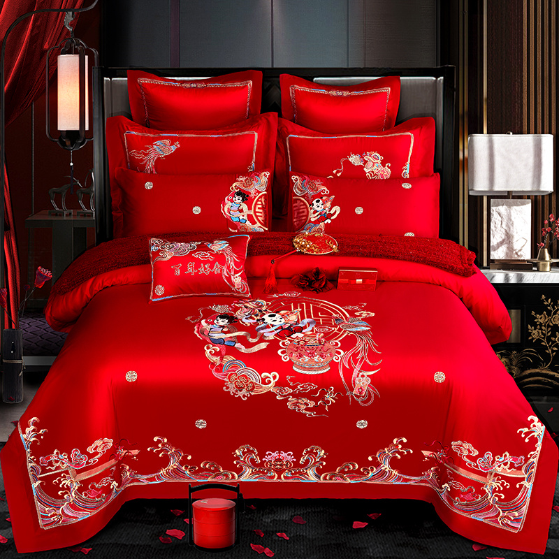 Wedding forty or sixty-piece cotton embroidery cartoon 100 long-staple cotton big red wedding bridal quilt full set