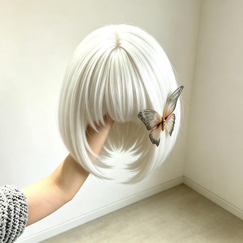 Short Bob Wig for Women, Fluffy and Natural, Cute for Round Faces, Japanese Style Internet Celebrity, Energetic Girl, White Full Head Wig