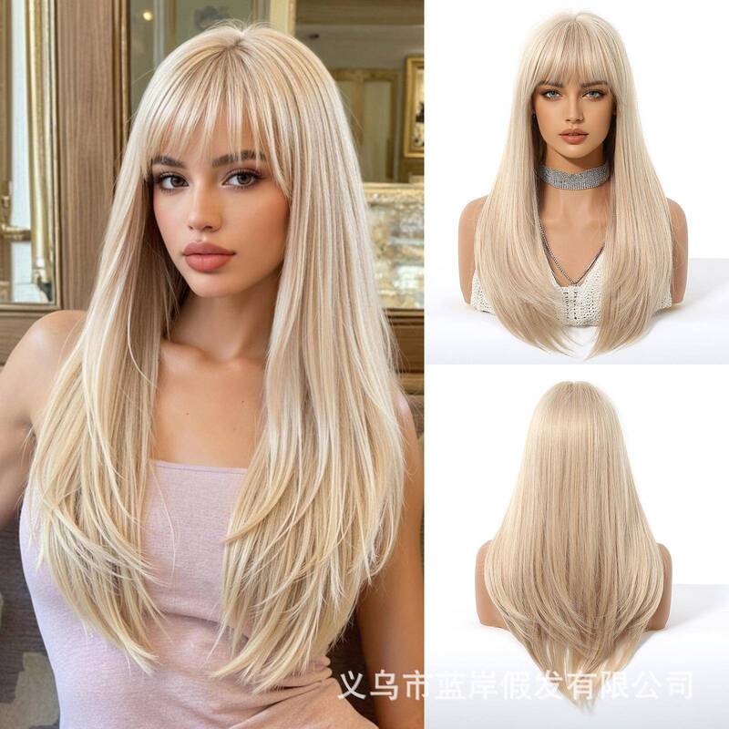 Yiwu Blue Shore Wig Co., Ltd. European and American Style Full Bangs Layered Synthetic Hair Wig Platinum Blonde Barbie Style Long