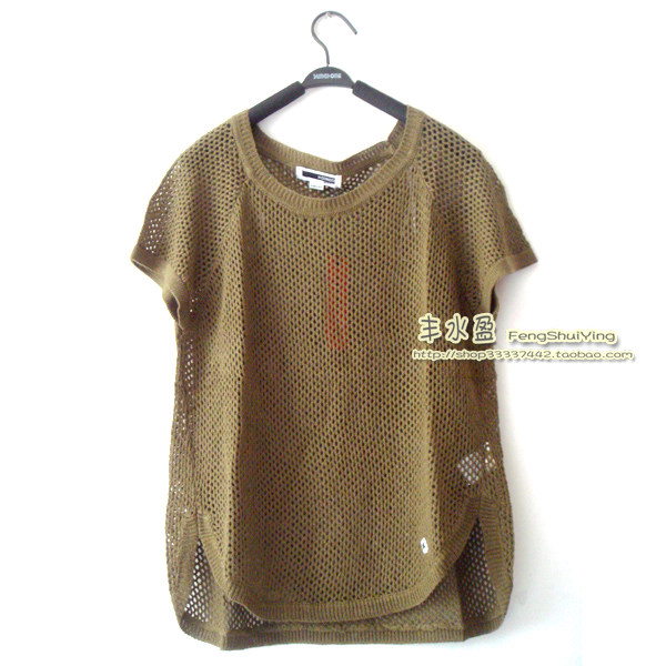 New product promotion special ~ spring and summer new breathable net hollow shoulder slope shoulder loose cotton short sleeve knitted shirt