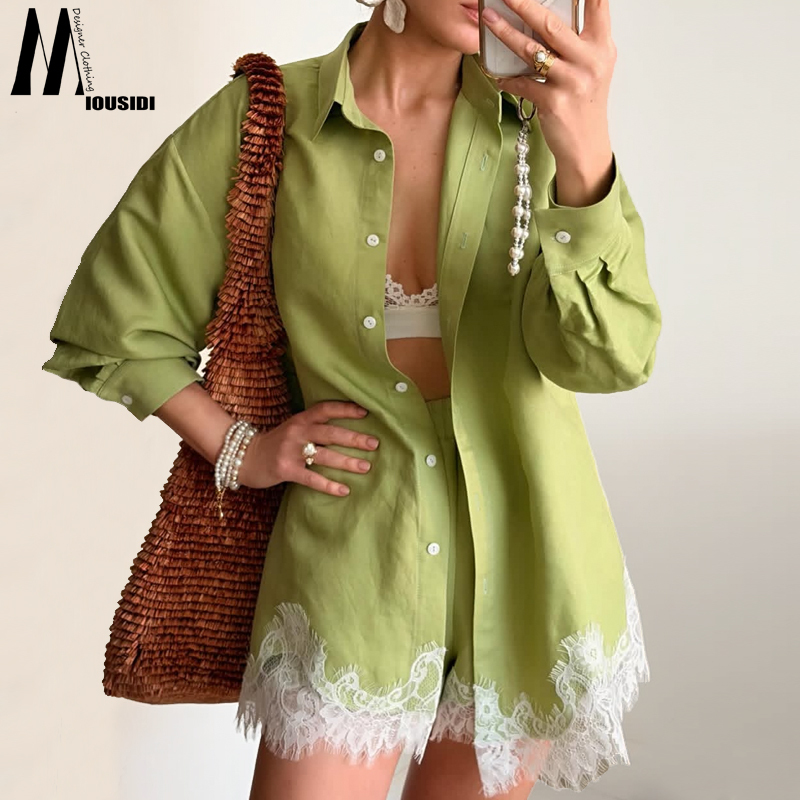 French Resort Style Spring and Summer Fashion Ruffled Lace Long High-End Shirt Dress Loose Plus-Size Set for Women