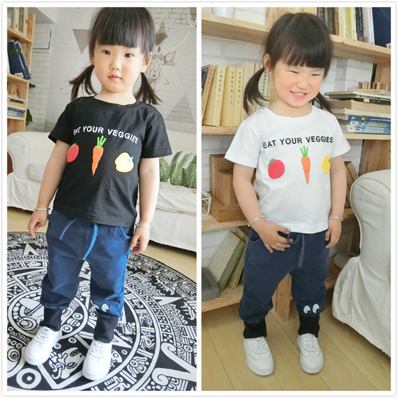 Children short sleeve T-shirt summer dress new male and female child baby cute letter fruit vegetable child clothing blouse