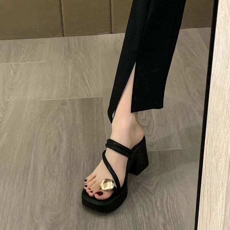 Casual and Versatile Two-Way High-Heeled Sandals for Women 2024 Summer New Fashion Thick-Heeled Women's Flip-Flops