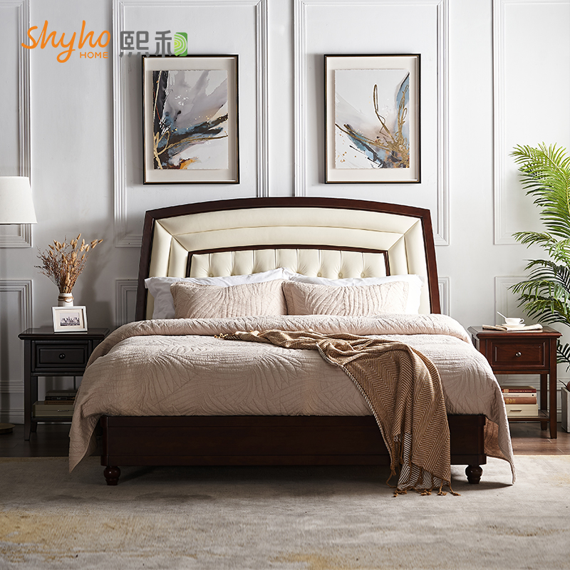 American leather soft bed all solid wood bed 1 8m double bed 1 5m bedroom light luxury American bed Xihe furniture