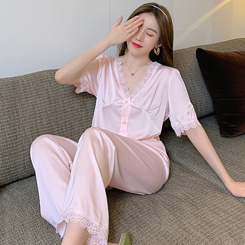 Pajamas women's summer short-sleeved trousers ice silk suit sexy lace can be worn outside pink silk net red home clothes