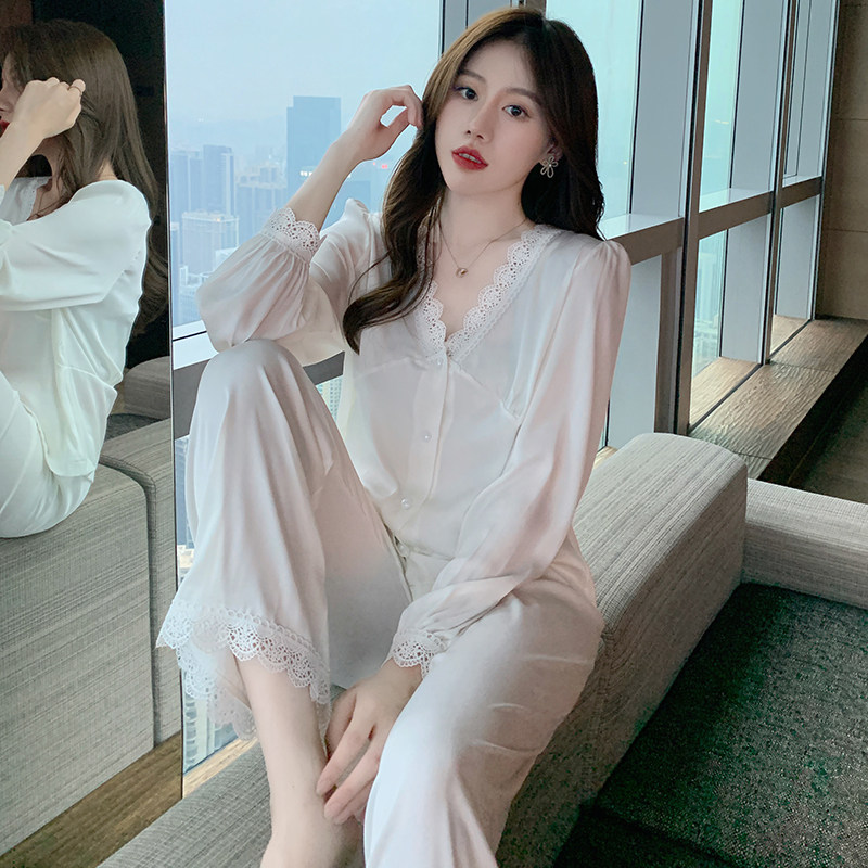 Women's pajamas spring and autumn ice silk long-sleeved suit sexy lace white silk net red home clothes thin section summer
